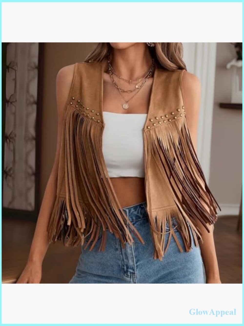Sleeveless Fringe Vest with Studs Hippie Western 70s Streetwear Outerwear - Picture 3 of 6
